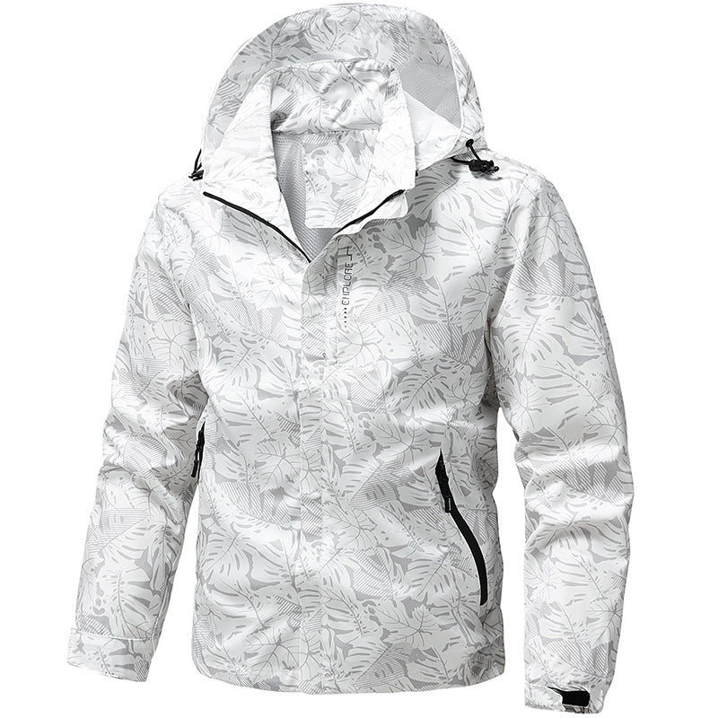 Modischer Herren Windbreaker mit Kapuze, modernem Allover-Print, perfekt für Freizeit, Reise & Sport.
