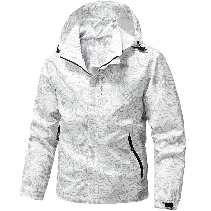 Modischer Herren Windbreaker mit Kapuze, modernem Allover-Print, perfekt für Freizeit, Reise & Sport.