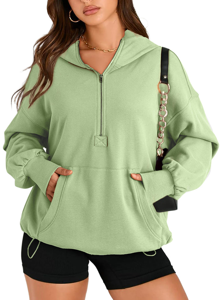 Damen Freizeit-Hoodie, Oversize-Schnitt, mit Halbzip, Kapuze, Tunnelzug & praktischer Kängurutasche.