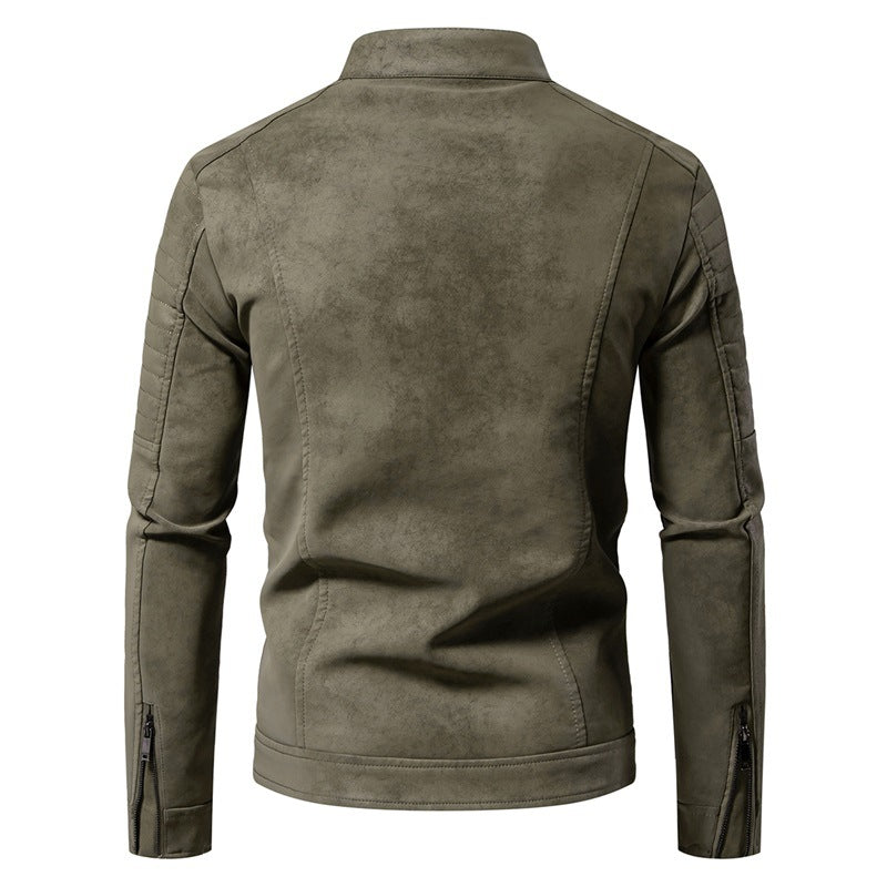 Herbst- und Frühlingsjacke: Schwarze Herren Bikerjacke in Lederoptik mit Reißverschluss und Stehkragen. Zeitlose Oberbekleidung.