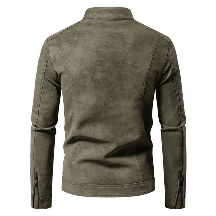 Herbst- und Frühlingsjacke: Schwarze Herren Bikerjacke in Lederoptik mit Reißverschluss und Stehkragen. Zeitlose Oberbekleidung.