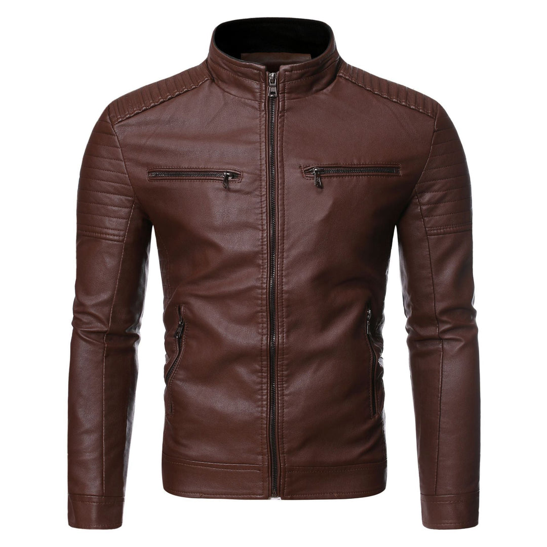 Stilvolle schwarze Herren Bikerjacke mit Stehkragen und Details für urbanen Chic.