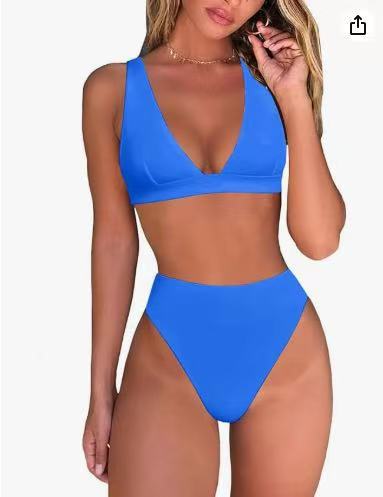 Elegantes Damen Bikini Oberteil mit V-Ausschnitt & passender hochtaillierter Hose für Bademode.