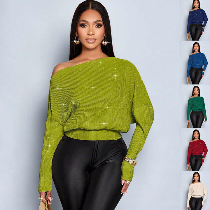 Damen Off-Shoulder Pullover mit Glitzer, elegant & bequem, perfekt für festliche Anlässe.
