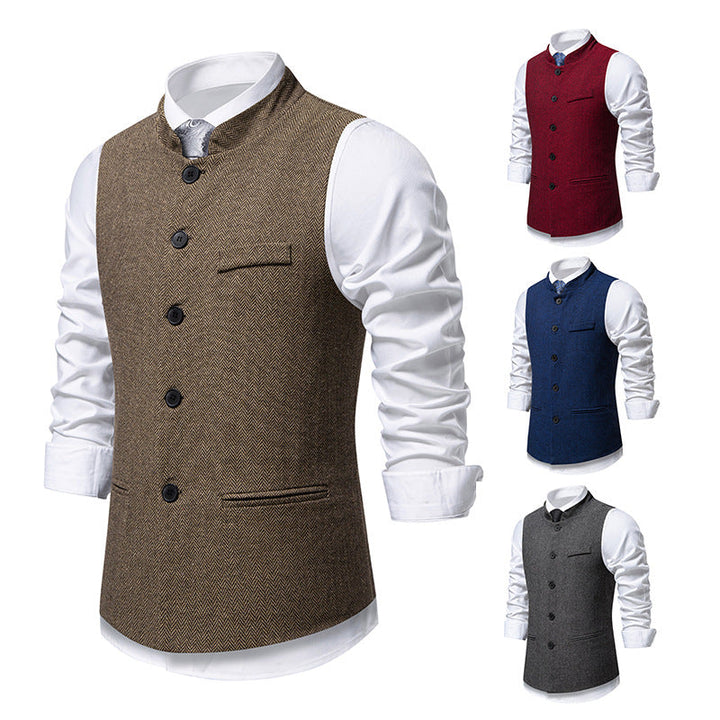 Herren Weste mit Stehkragen, elegantem Fischgrätmuster, vielseitig für Business & Freizeit.