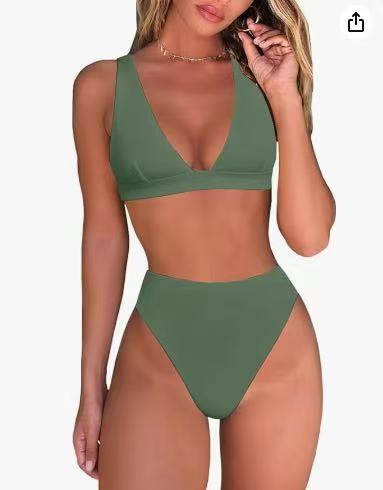 Sommerliches Damen Bikini Set, hochtailliert & V-Ausschnitt, ideal als stilvolles Strandoutfit.