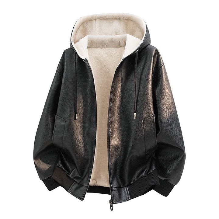Rückenansicht der warmen Herren Kapuzenjacke, ideal für Freizeit und Outdoor. Stilvolle Herbstmode für Männer.