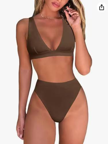 Modisches Damen Bikini Set, hochtailliert, mit V-Ausschnitt, ideal für sommerliche Bademode.