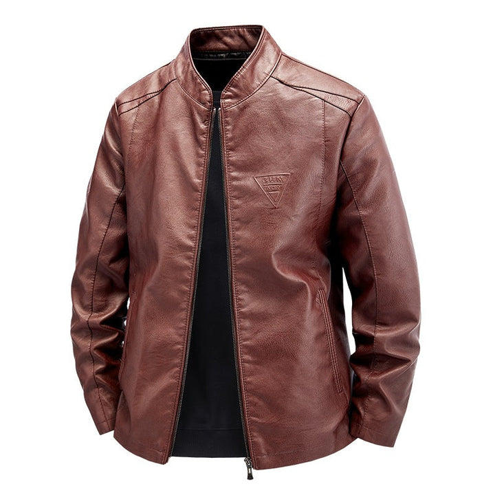 Schwarze Herren Kunstlederjacke mit Stehkragen, robust & stilvoll für den Alltag.