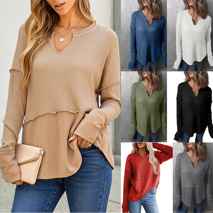 Damen Oversize-Pullover mit Waffle-Struktur, V-Ausschnitt, überschnittenen Schultern für entspannte Freizeitmode.