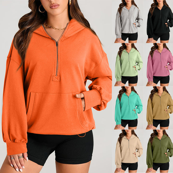 Damen Oversize-Halbzip-Hoodie mit Kapuze, Tunnelzug & Kängurutasche. Komfortabler Freizeit-Kapuzenpullover.