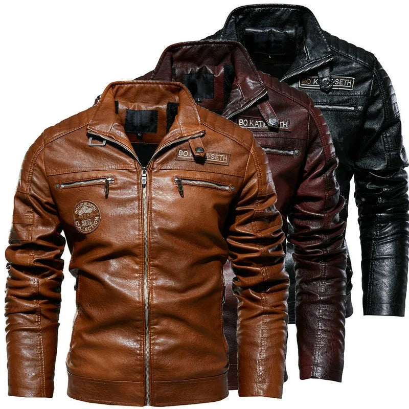 Schwarze modische Herren Bikerjacke aus Lederimitat, ideal für urbanen Stil und Frühling/Herbst.