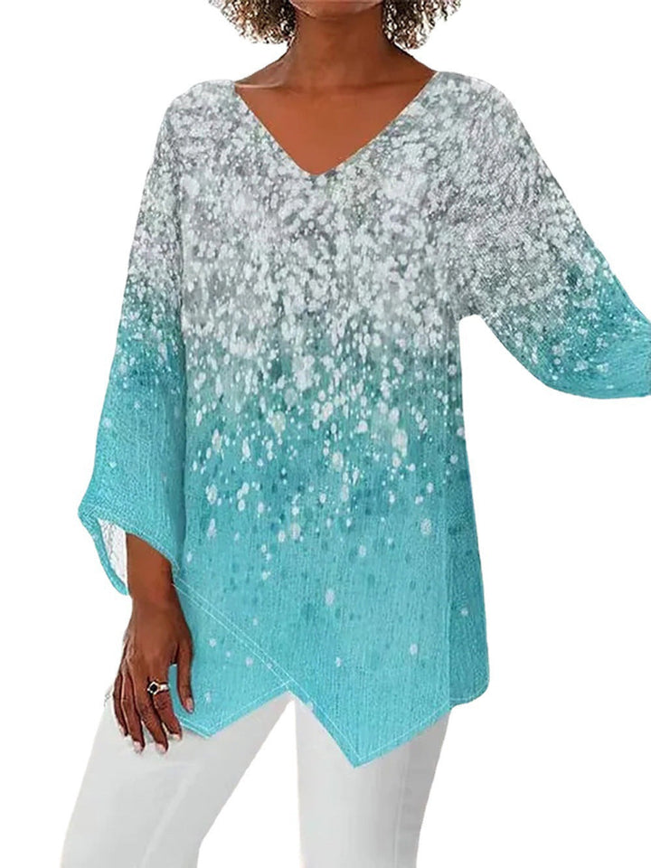Elegante Damen Glitzer Tunika Bluse mit fließendem Stoff für festliche Anlässe und Abendmode.