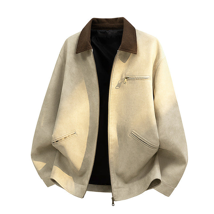 Herren Kunstlederjacke mit breitem Kragen, lässig geschnitten. Ideale Oberbekleidung für Herren im Frühling & Herbst.