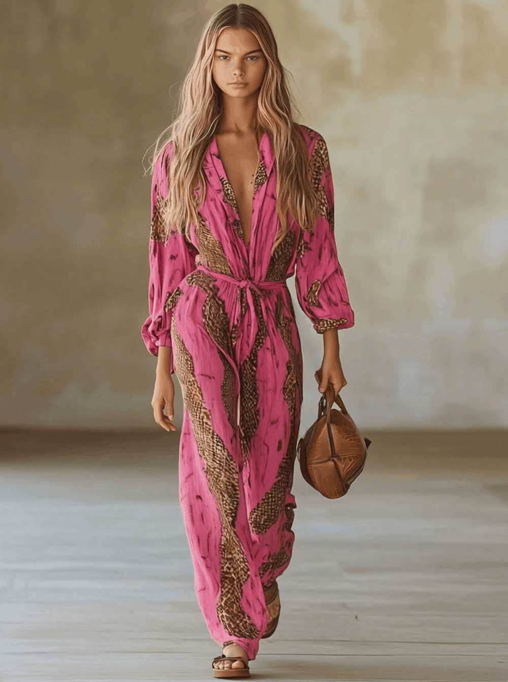 Eleganter rosa Damen Jumpsuit mit Leopardenmuster, Gürtel und Langarm. Lockere Passform, perfekt für Frühling.