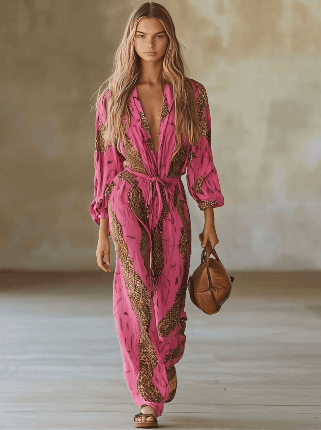 Eleganter rosa Damen Jumpsuit mit Leopardenmuster, Gürtel und Langarm. Lockere Passform, perfekt für Frühling.