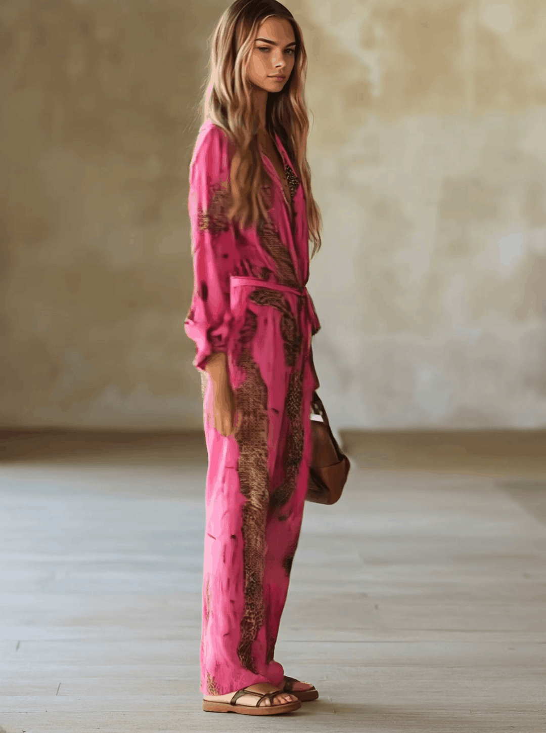 Detailansicht des rosa Leopardenmusters auf dem Damen Jumpsuit mit Gürtel. Modische Langarm-Freizeitkleidung.