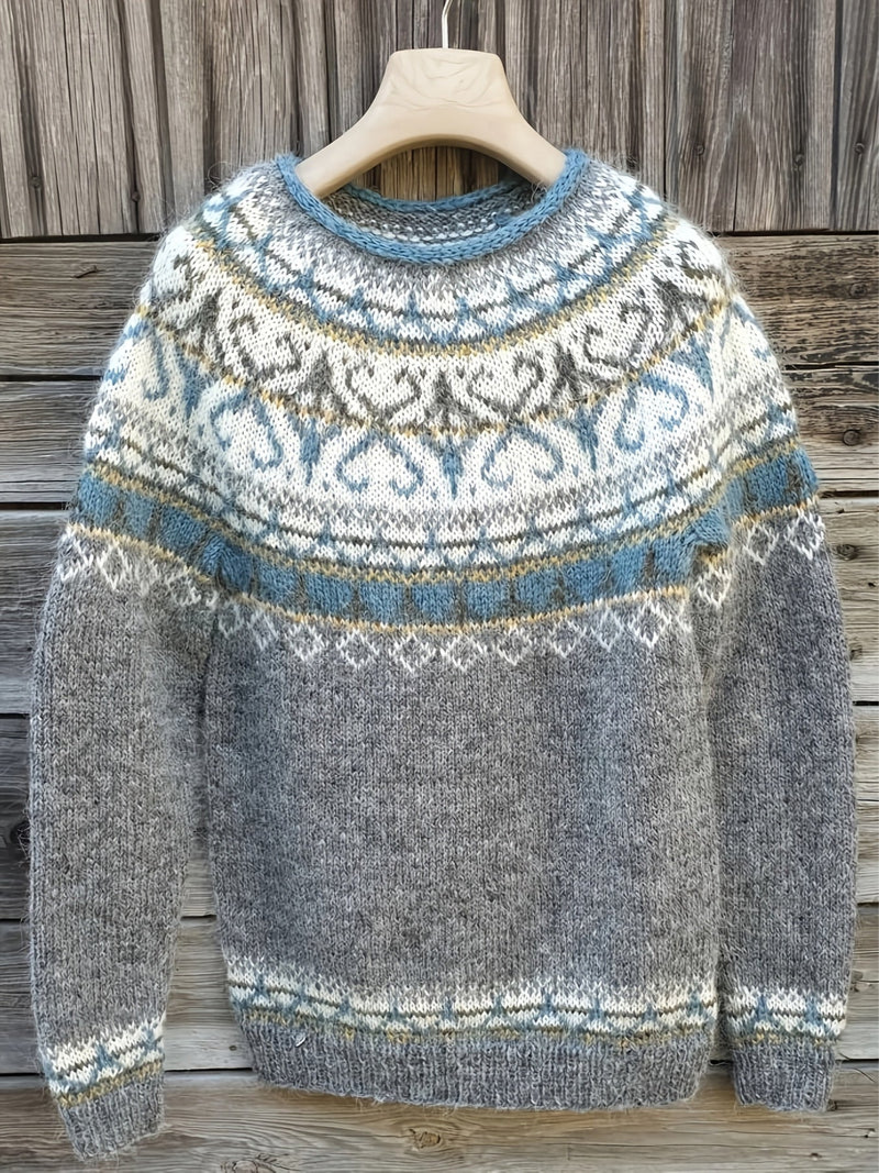 Gemütlicher Damen Strickpullover mit Rundhals und Muster, ideal für Winter und Freizeit. Stilvolles Oberteil für den Alltag.