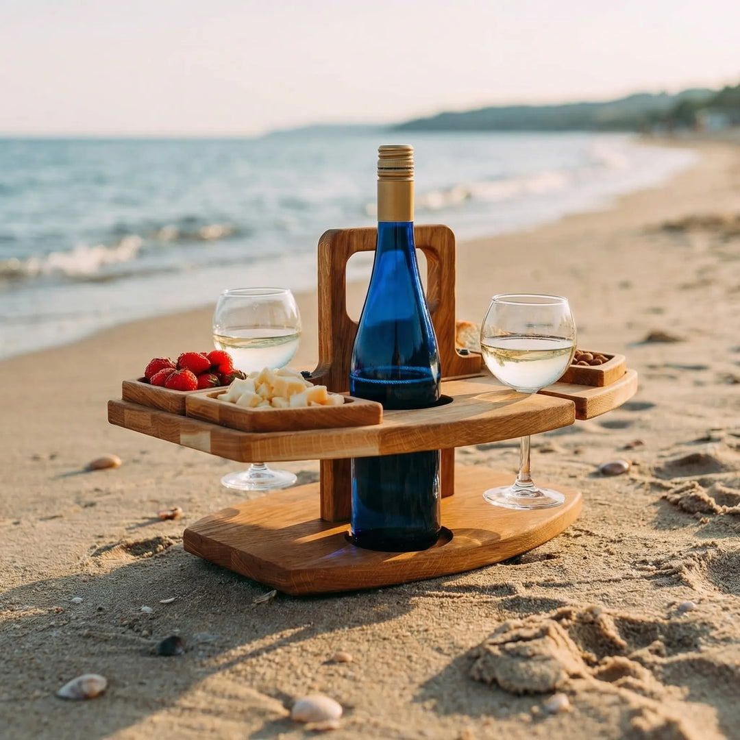 Klappbarer Picknicktisch aus Holz mit integriertem Weinhalter und Snackfächern, ideal für Garten, Strand & Camping.