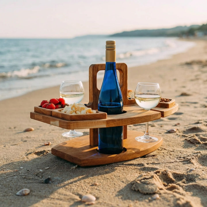 Klappbarer Picknicktisch aus Holz mit integriertem Weinhalter und Snackfächern, ideal für Garten, Strand & Camping.