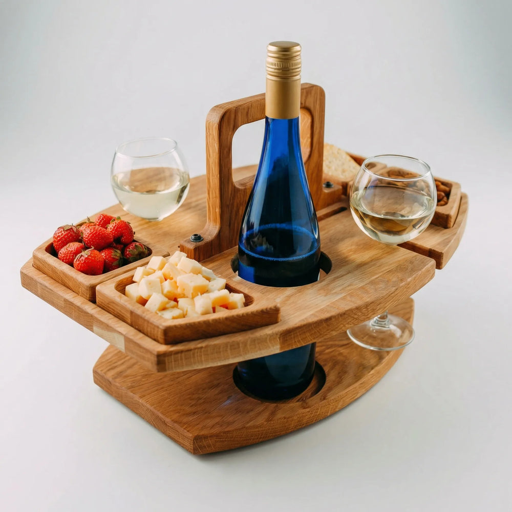 Tragbarer klappbarer Picknicktisch aus Holz mit Weinhalter, Glashalter & Snackfächern für Picknick, Garten, Strand.