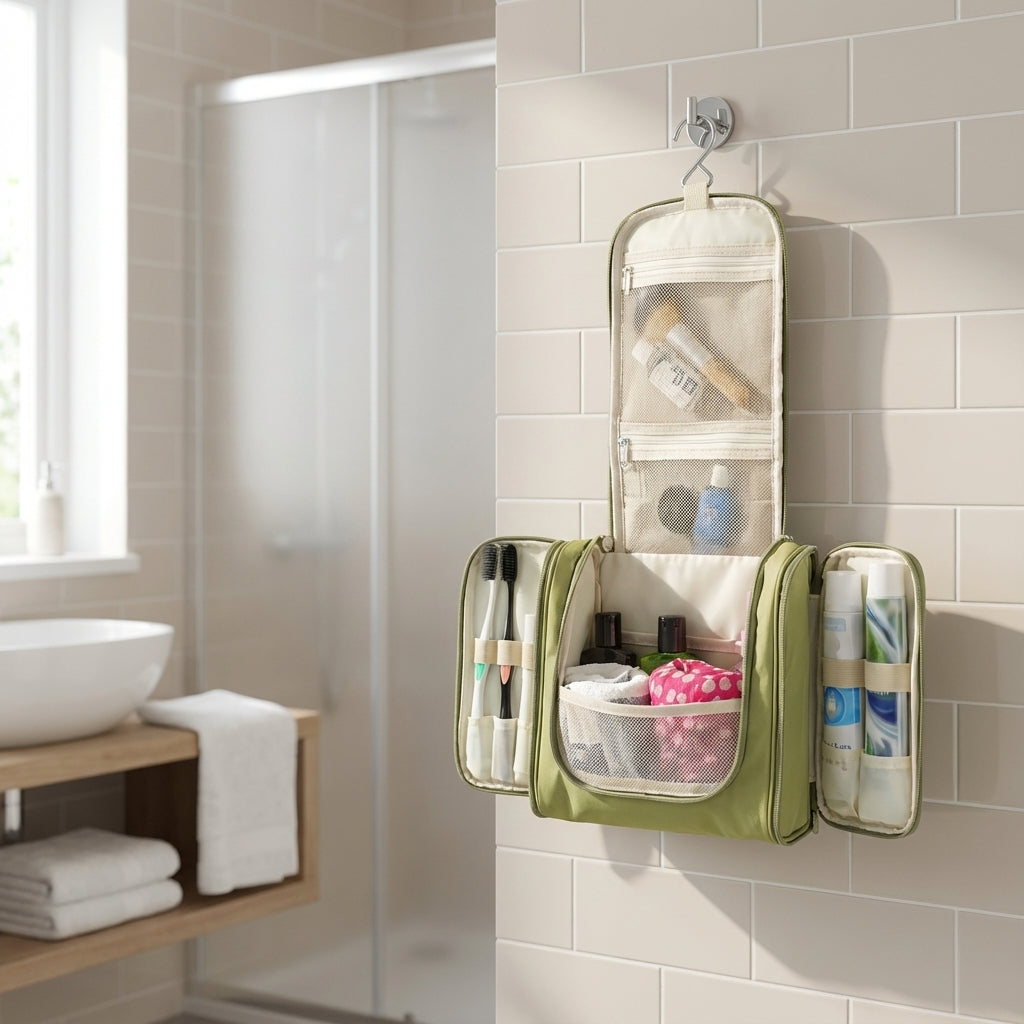 Faltbare Reise-Kulturtasche mit Aufhängehaken, wasserdicht, ideal für Toilettenartikel und Pflegeprodukte unterwegs.