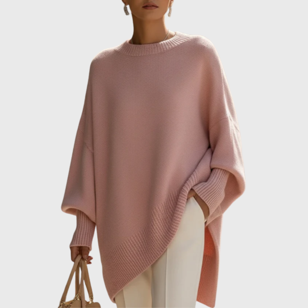 Eleganter Damen Oversize Pullover mit Rundhals & Langarm. Asymmetrischer Saum, ideal für modebewusste Frauen.
