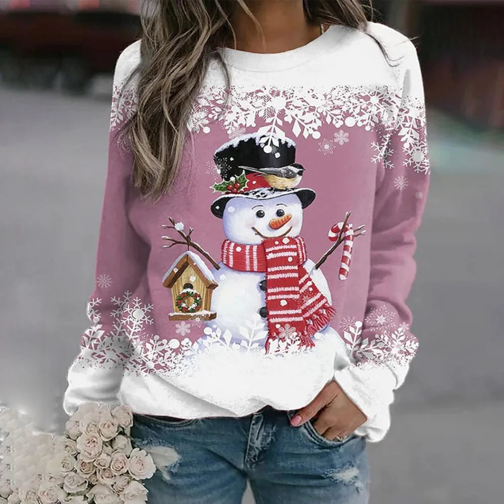 Gemütlicher Damen Weihnachtspullover, weich, mit lustigem Schneemann-Design für festliche Stimmung.