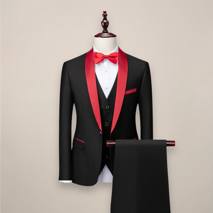 Komplettes Set: Eleganter Herren Tuxedo Dreiteiler mit Sakko, Weste und Hose. Ideal für Gala, Hochzeit & Events.