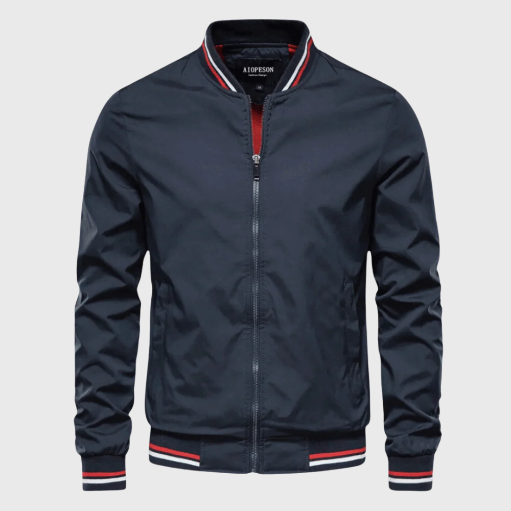 Stilvolle Herren Bomberjacke in Marineblau mit Reißverschluss, ideal als Freizeit- und Übergangsjacke.