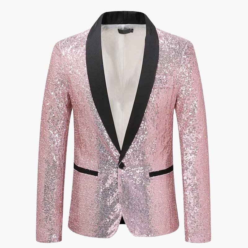 Mann trägt Pailletten Sakko. Festlicher Blazer für Events & Gala. Abendmode mit Glamour. Glänzender Auftritt garantiert.