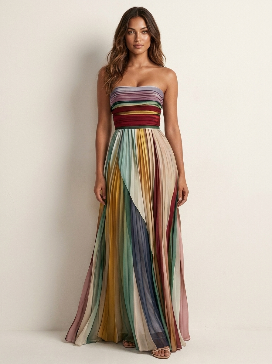 Elegantes Damen Plissee Maxikleid mit Bandeau-Ausschnitt, fließend und bequem, ideal für Sommeranlässe.