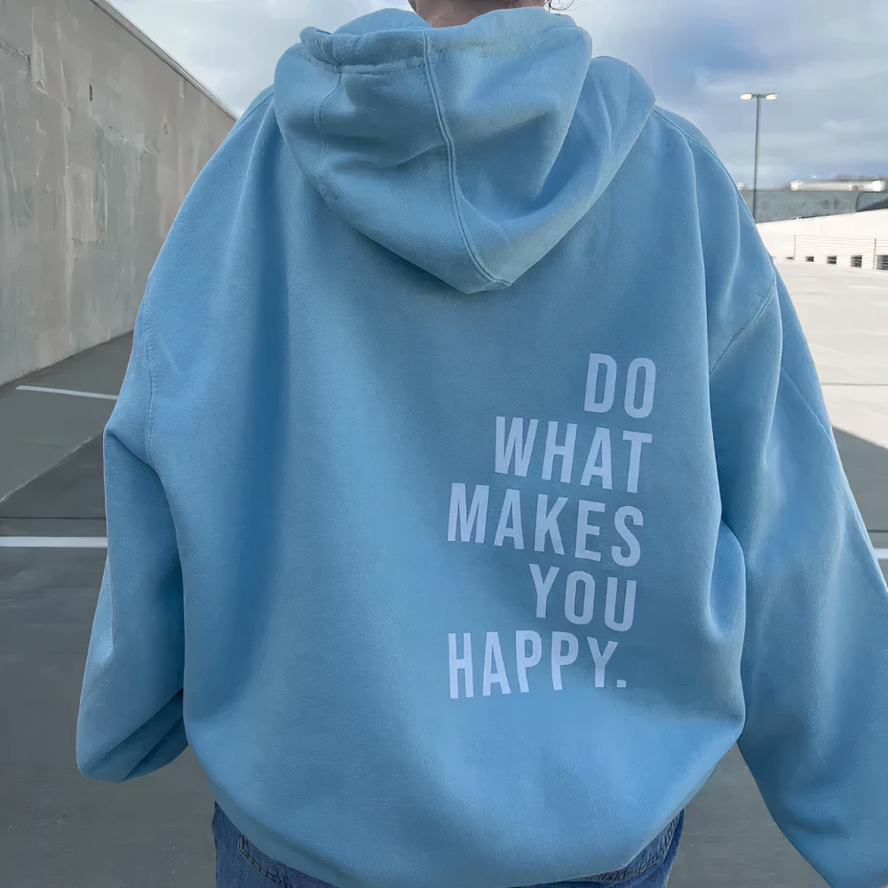 Stylischer pinker Damen Oversized Kapuzenpullover mit motivierendem 'DO WHAT MAKES YOU HAPPY' Print für Komfort.