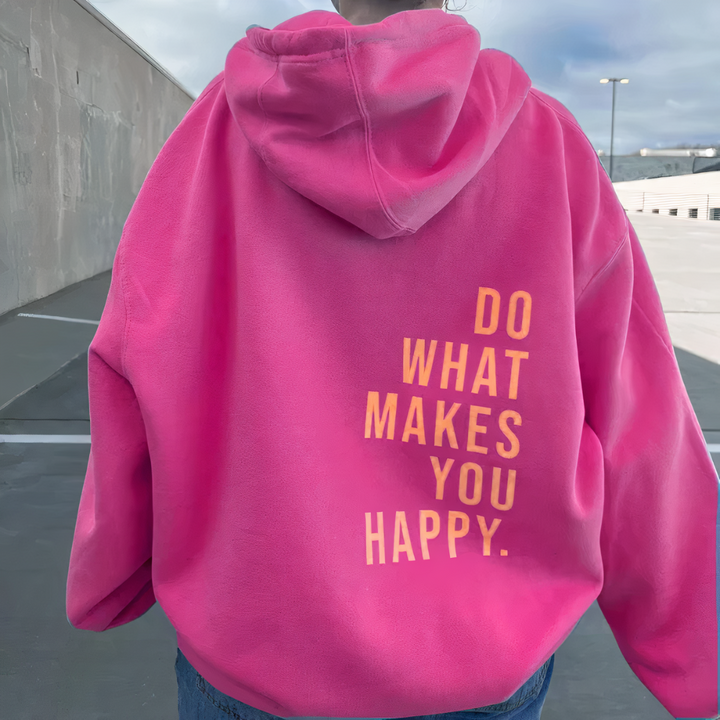 Blauer Damen Oversized Hoodie, perfekt als bequemer Kapuzenpullover für Glück im Alltag. 'DO WHAT MAKES YOU HAPPY'.