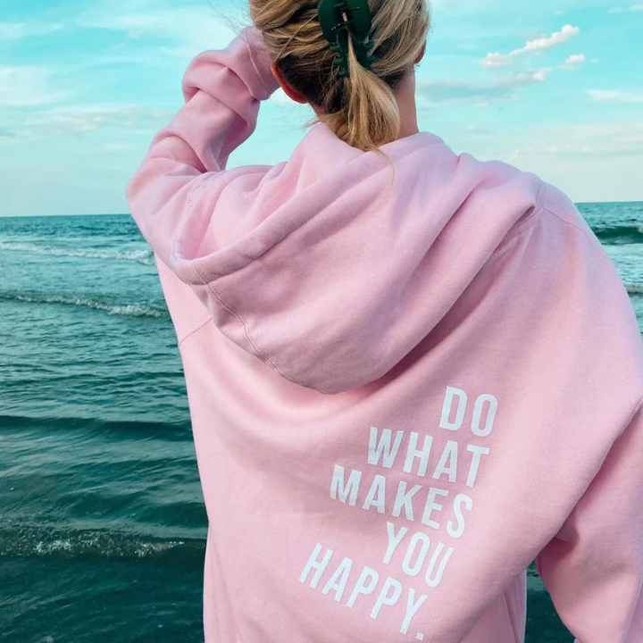 Bequemer Damen Oversized Hoodie in Schwarz mit 'DO WHAT MAKES YOU HAPPY' Statement. Ideal für Freizeit & Alltag.