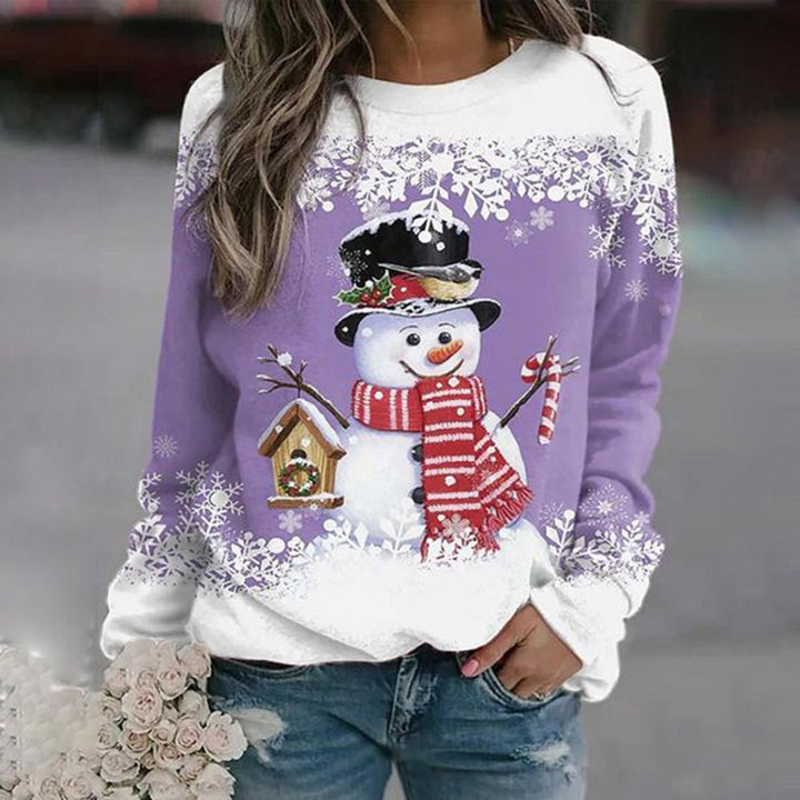 Weihnachtspullover für Damen mit fröhlichem Schneemann, ideal für Weihnachtsfeiern und winterliche Gemütlichkeit.