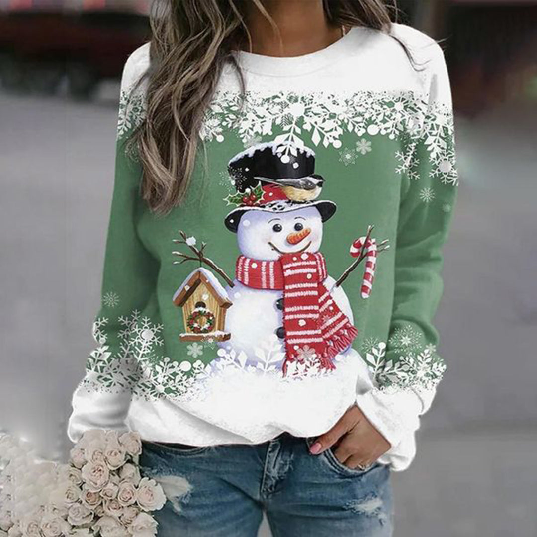 Damen Weihnachtspullover mit fröhlichem Schneemann-Motiv, perfekt für gemütliche Festtage.