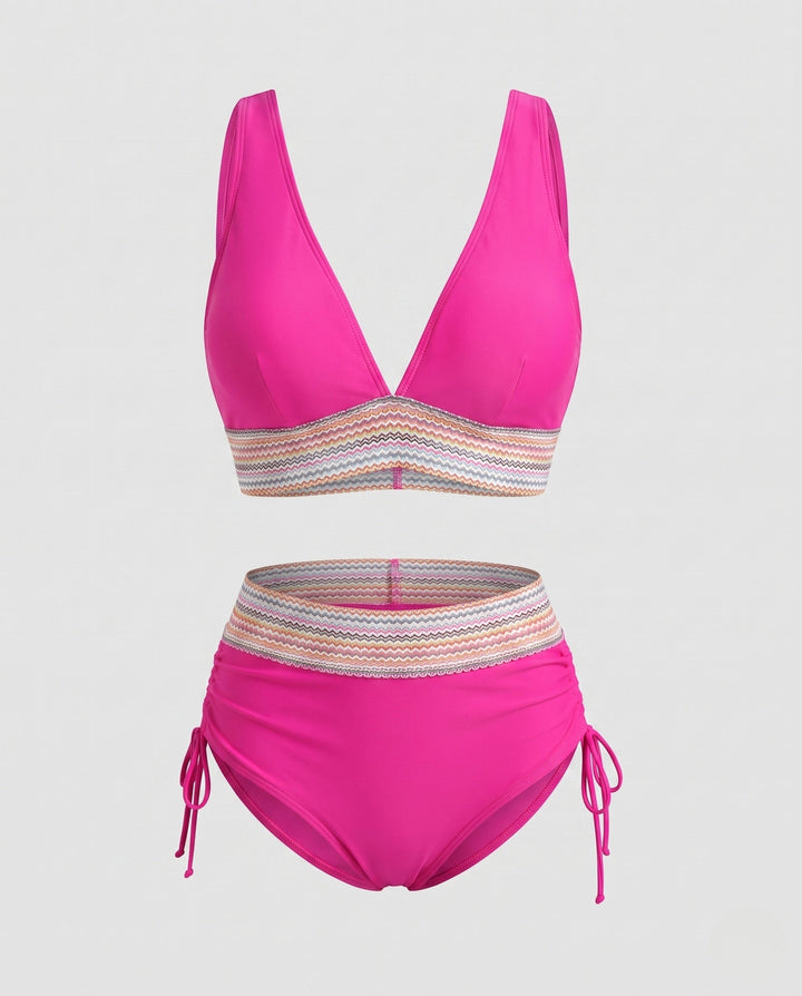 Damen Hochgeschnittener V-Ausschnitt Bikini mit Raffungen, perfekt für UV-Schutz & Komfort.