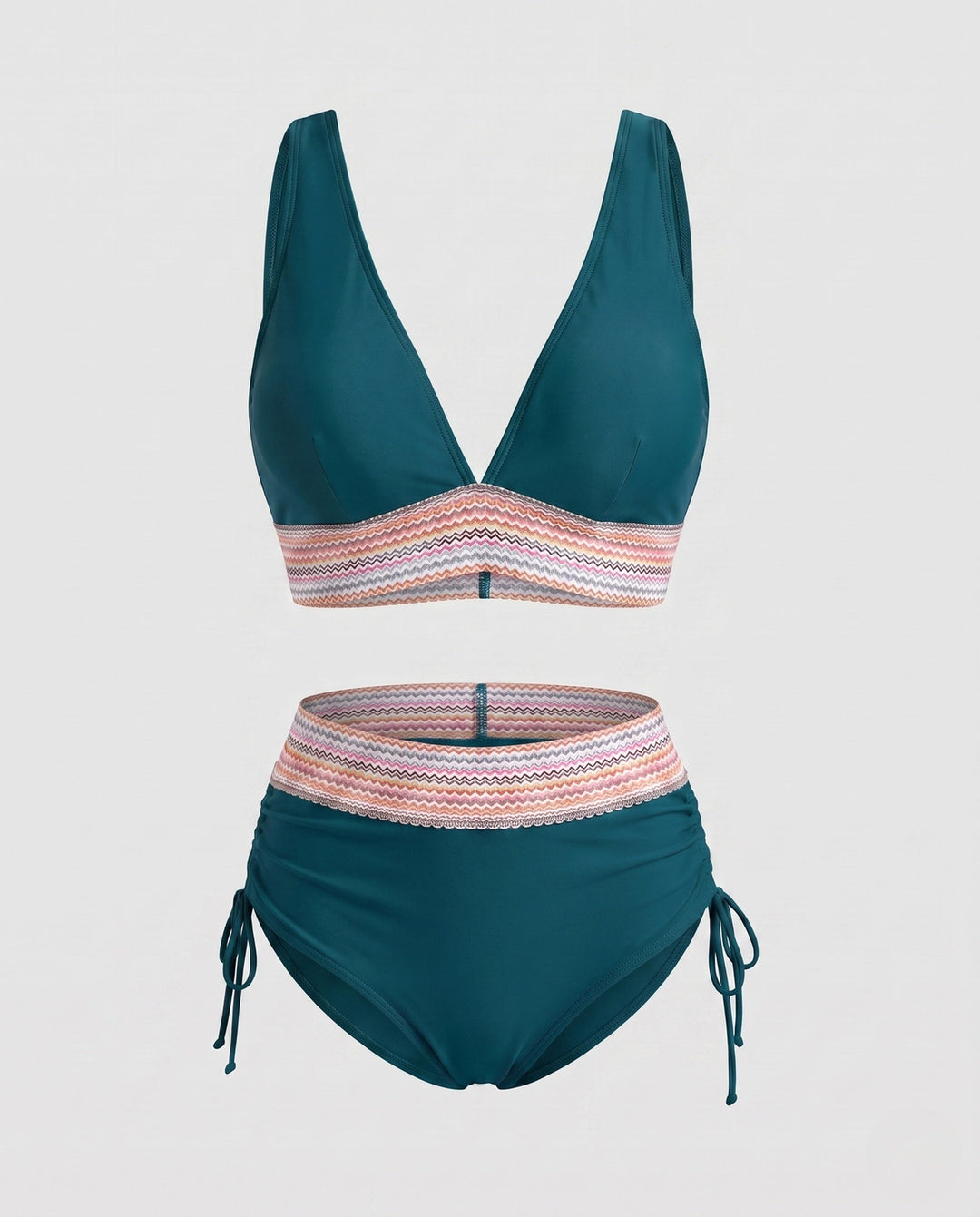 Damen Bikini Set mit hochgeschnittenem Bund, V-Ausschnitt & Raffdetails, bequeme Bademode.