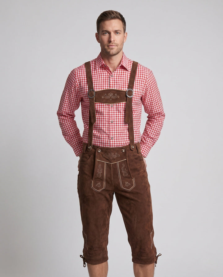 Herren Trachtenlederhose traditionell mit edlen Stickereien. Ideal für Oktoberfest, Wiesn & Festmode.