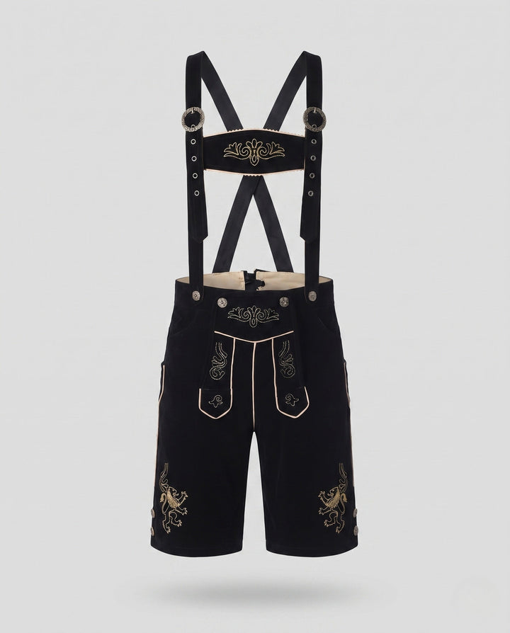 Traditionelle Herren Lederhose mit aufwendigen Stickereien, ideal für Oktoberfest & festliche Trachtenmode.