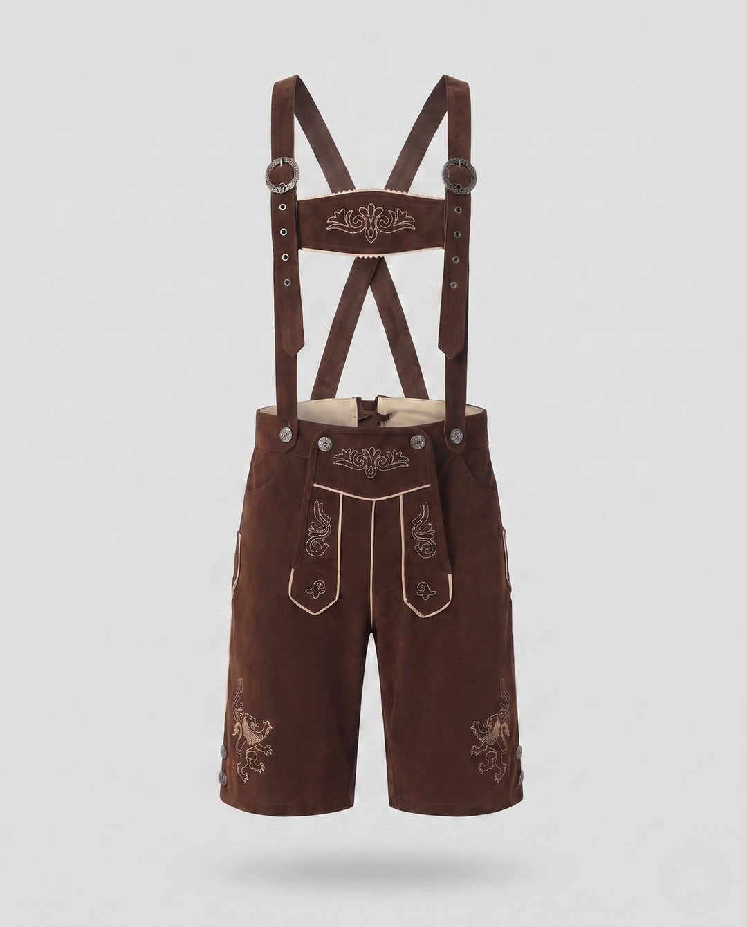 Klassische Herren Trachtenlederhose, braun, mit aufwendigen traditionellen Stickereien. Perfekt für Festmode & Wiesn.