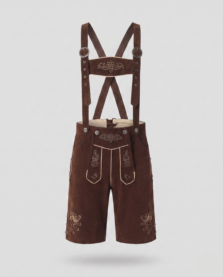 Klassische Herren Trachtenlederhose, braun, mit aufwendigen traditionellen Stickereien. Perfekt für Festmode & Wiesn.