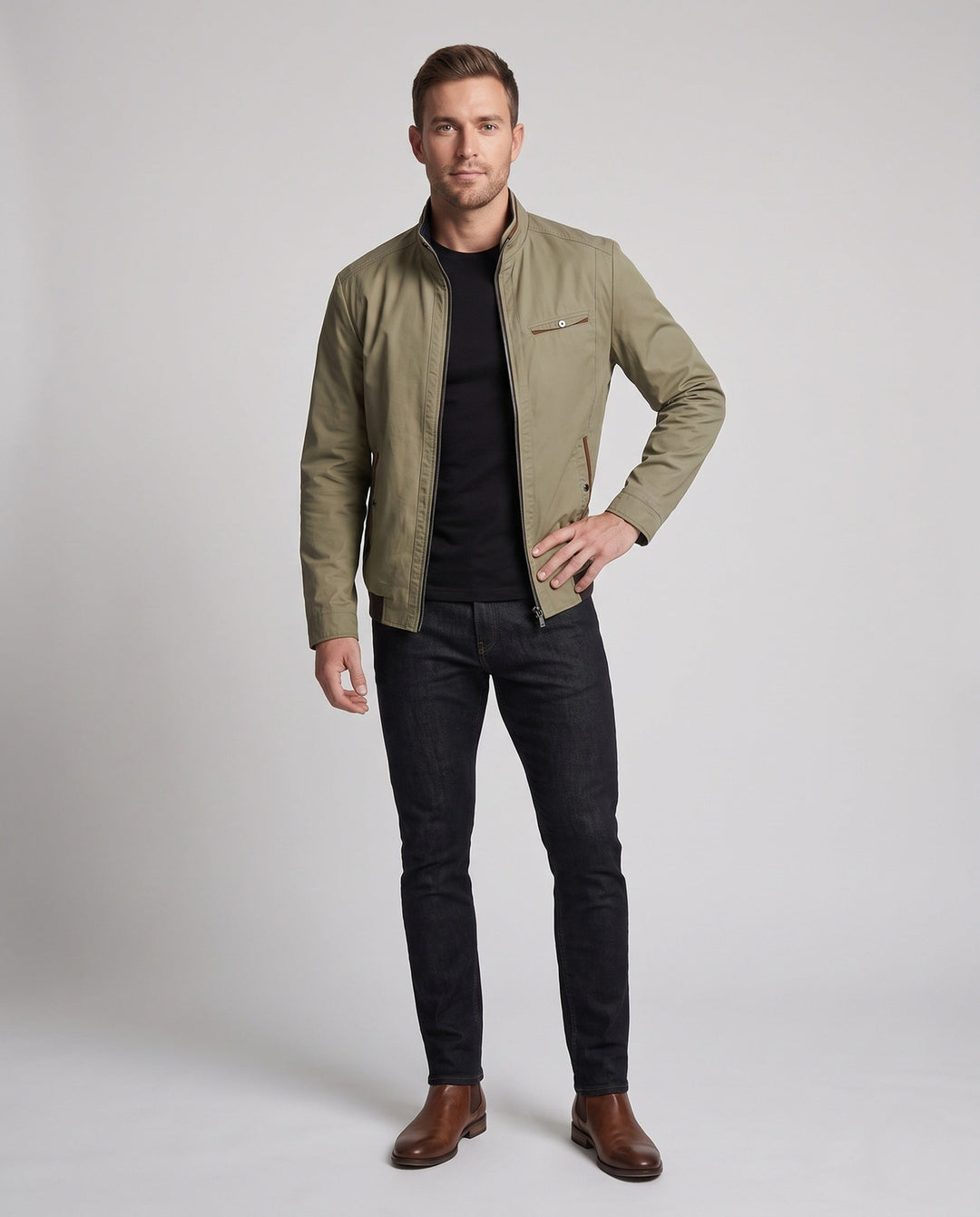 Herren elegante Übergangsjacke mit Stehkragen & verdecktem Reißverschluss. Stilvoll & modern für Business Casual.