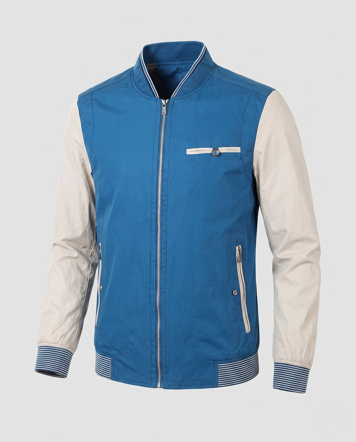 Blaue Herren College Bomberjacke mit Kontrastärmeln, bequeme Freizeitjacke für den modernen Mann, sportlich-elegant.