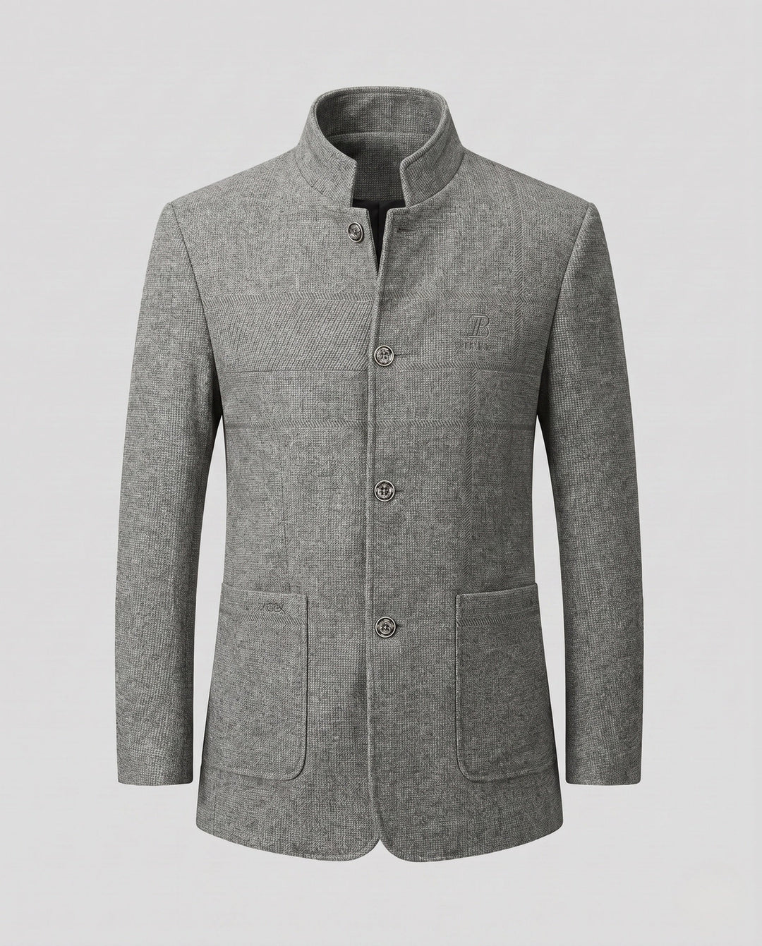 Mann trägt eleganten Herren Mantel mit Stehkragen. Slim Fit, moderner Business Stil.