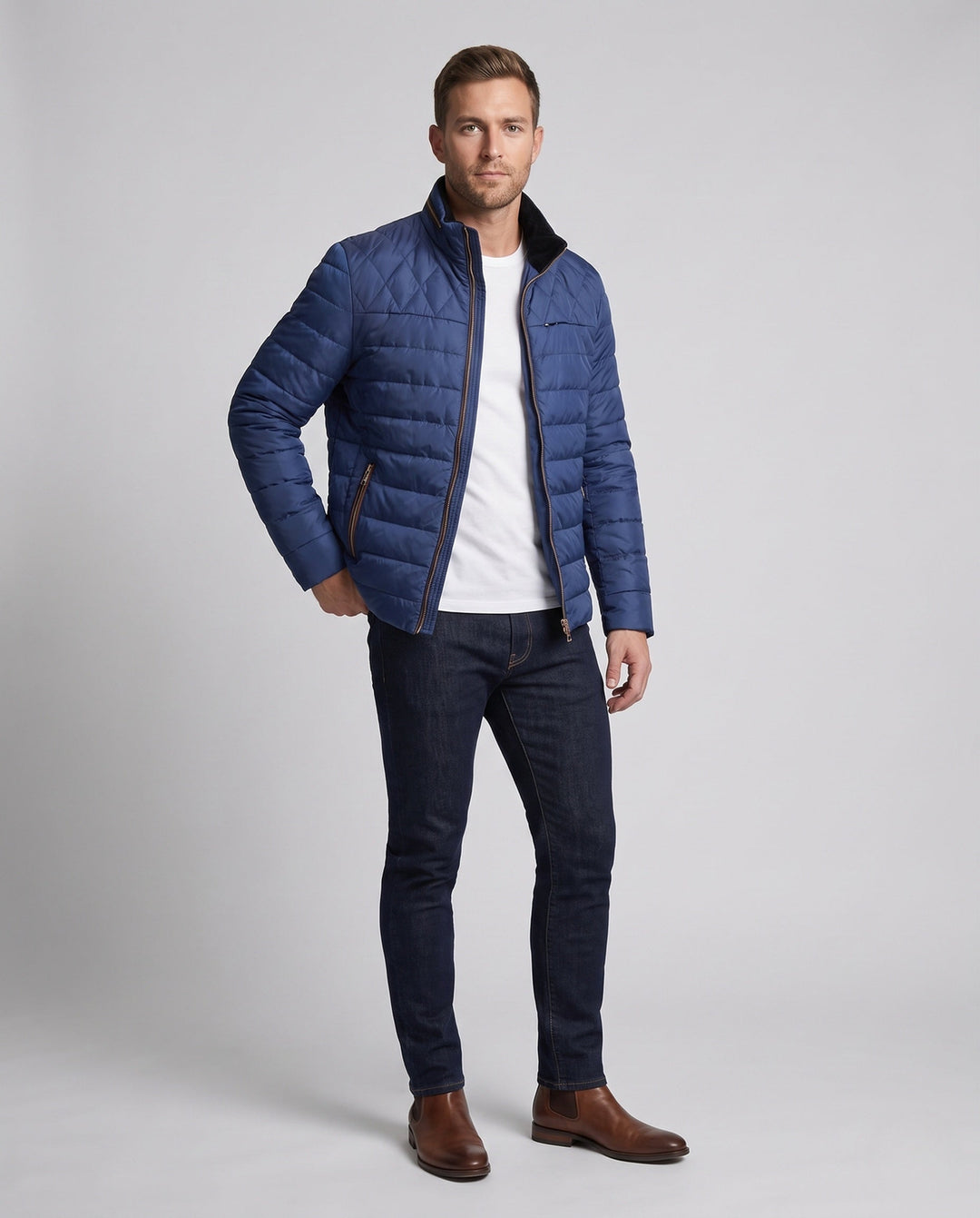 Männer gesteppte Übergangsjacke mit Stehkragen, leicht isoliert für Frühling & Herbst.