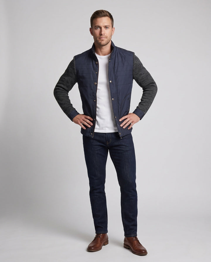 Herren Hybridjacke mit Stehkragen in elegantem Grau, ideal für Business Casual und Freizeit. Moderner Urban-Stil.