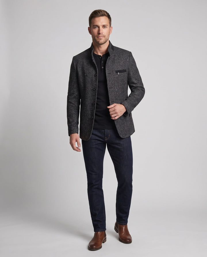 Herren Kurzblazer mit elegantem Mandarin-Kragen. Perfekt für den City-Look und Business Casual.
