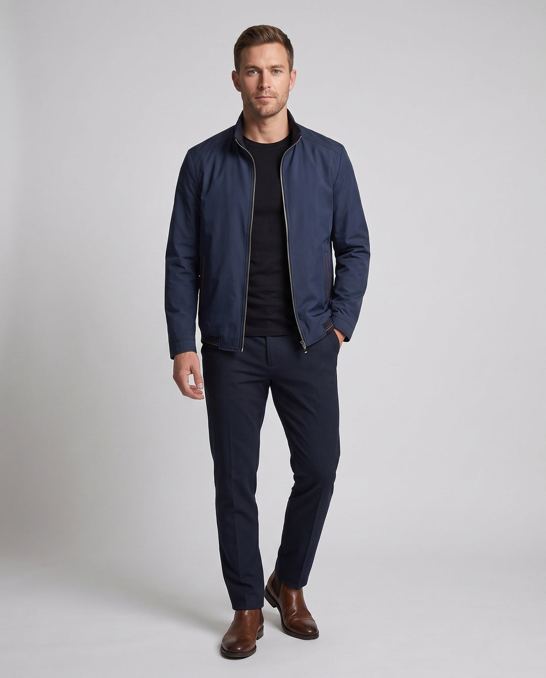 Herren leichte Übergangsjacke mit Stehkragen in Schwarz, ideal für Reisen & Alltag im Frühling/Herbst.